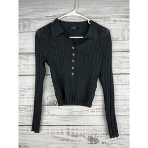 DRAE Black Shimmer Long Sleeve Crop Top Collared Dark Academia Small Stretch Rib